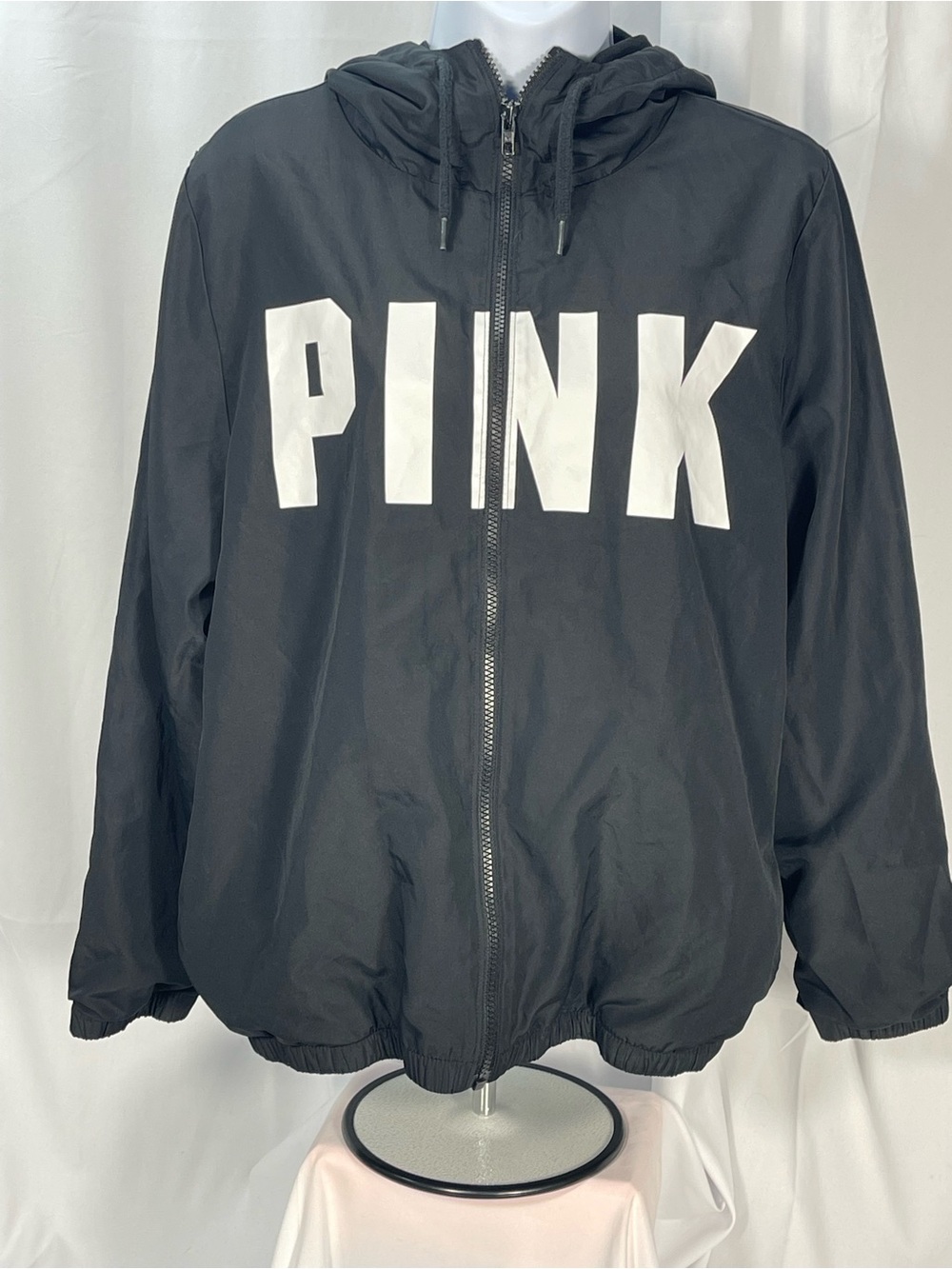 PINK Victoria's Secret Black and White Logo Zip Hooded Jacket. Tad bit baggy.